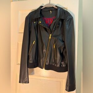 Free People Faux Leather Moto Jacket Size L with gold buttons, red & blue lining